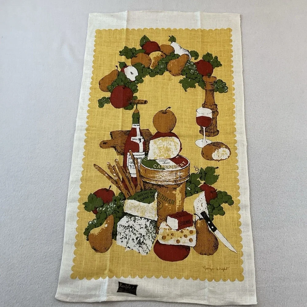 Kay Dee Handprints Linen Kitchen Towel Cheese Bread Fruit Wine Vintage NEW